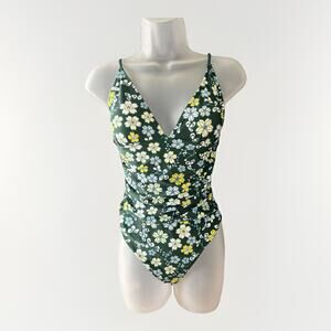 NEW Cupshe Green Floral 1-Piece Swimsuit Women's Med Deep V Wrap Tummy Control